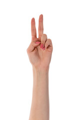 Female hand showing two fingers isolated on transparent background