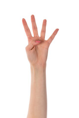 Female hand showing four fingers isolated on transparent background