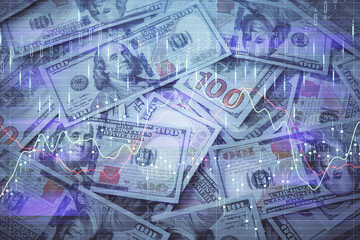 Double exposure of forex graph drawing over us dollars bill background. Concept of financial markets.