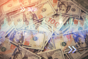 Multi exposure of forex chart drawing over us dollars bill background. Concept of financial success markets.