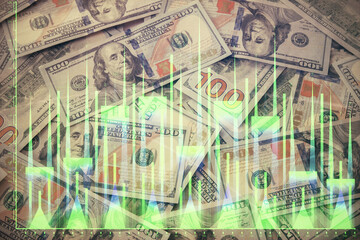 Multi exposure of forex chart drawing over us dollars bill background. Concept of financial success markets.