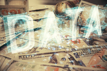 Double exposure of data theme drawing over us dollars bill background. Technology concept.
