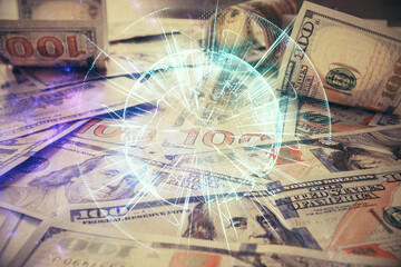 Multi exposure of business theme drawing over us dollars bill background. Concept of financial success.