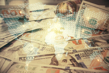 Multi exposure of business theme drawing over us dollars bill background. Concept of financial success.