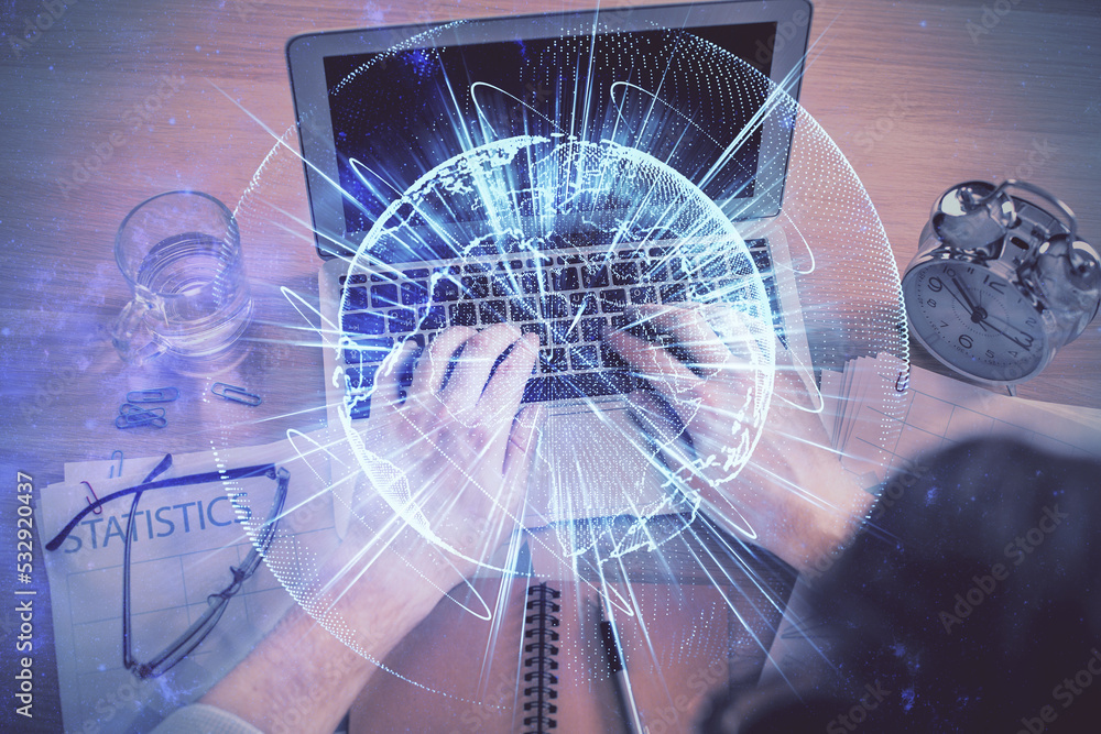 Aufkleber double exposure of man's hands typing over computer keyboard and business theme hologram drawing. to