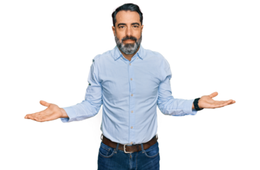 Middle aged man with beard wearing business shirt smiling showing both hands open palms, presenting and advertising comparison and balance