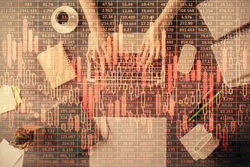 Multi exposure of woman hands working on computer and forex chart hologram drawing. Top View. Financial analysis concept.