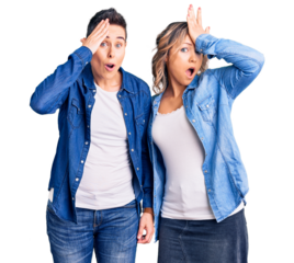 Couple of women wearing casual clothes surprised with hand on head for mistake, remember error. forgot, bad memory concept.