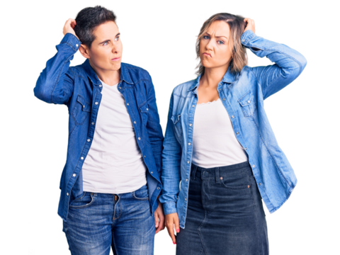 Couple of women wearing casual clothes confuse and wondering about question. uncertain with doubt, thinking with hand on head. pensive concept.