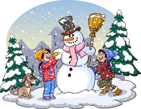 Illustration of Kids Making a Snowman