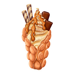 Hong Kong bubble waffle with spiral soft ice cream, melting caramel sauce, wafer sticks and chocolate pieces vector illustration. Cartoon isolated egg crispy waffle meal for kids and street fast food