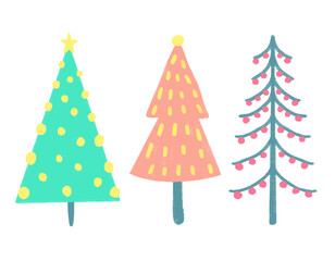 Watercolor vector illustration of Christmas trees. Merry Christmas and Happy New Year greeting card.