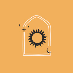 Hand drawn vector abstract graphic illustration with logo element,bohemian astrology magic minimalistic emblem of line arch portal and sun with stars,simple style for branding.Sun art design concept.