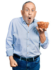 Senior man with grey hair and beard holding glazed peanuts scared and amazed with open mouth for...