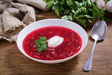 plate of traditional Ukrainian or Russian soup borscht