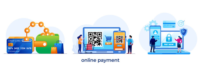 online payment, QR code, scan, easy payment, technology payment, online pay, purchase, flat illustration vector