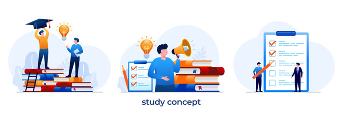 study concept, education concept, back to school, read a book, learn, knowledge, studying, library, flat illustration vector