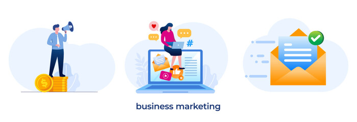 business marketing, email marketing, startup, entrepreneur, business strategy, seo, development, flat illustration vector