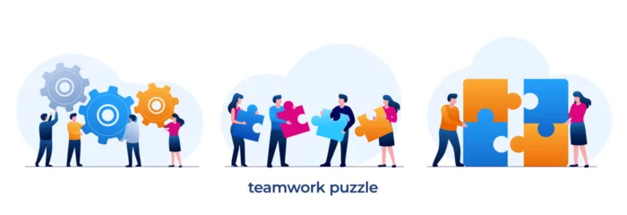 Foto op Plexiglas teamwork puzzle, partnership, connect, collaboration, brainstorming, partner, collaborate, match, flat illustration vector © yelosmiley
