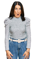 Middle age brunette woman wearing casual clothes afraid and shocked with surprise expression, fear and excited face.