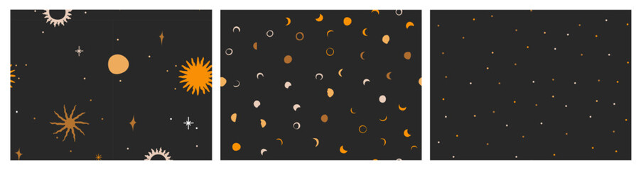 Hand drawn vector abstract graphic illustration seamless pattern collection set with magic astrology celestial golden moon phases,sun and star,contemporary mystic and simple collage shape.Moon design.