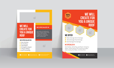 Roofing service flyer brochure cover template and handyman home repair leaflet design with building solution poster layout