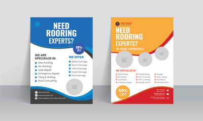 Roofing service flyer brochure cover template and handyman home repair leaflet design with building solution poster layout