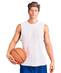 Muurstickers Young handsome man holding basketball ball thinking attitude and sober expression looking self confident © Krakenimages.com