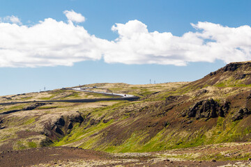 view to an road in the valley of Reykjadalur, Iceland