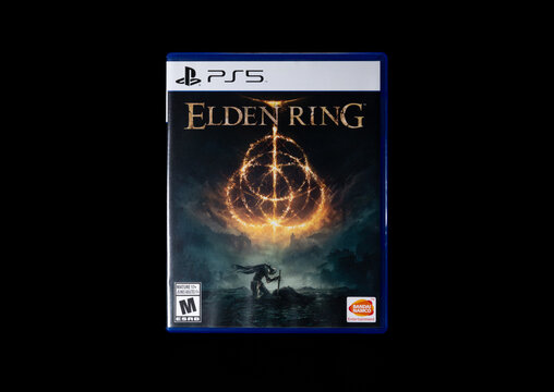Fukuoka, Japan - september 24, 2022 : Sony Playstation 5 game elden ring developed by fromsoftware and published by bandai namco isolated on black

