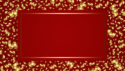 Golden serpentine confetti with gold frame on red background. Vector luxury background with bright festive tinsel of gold color for banner, poster or holiday card decoration.