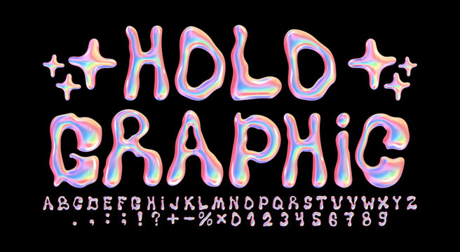 Liqud holo font. Iridescent alphabet, holographic numbers and melted letters 3D vector set
