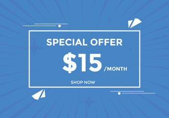 $1 USD Dollar Month sale promotion Banner. Special offer, 1 dollar month price tag, shop now button. Business or shopping promotion marketing concept

