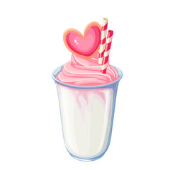 Sweet pink milkshake vector illustration. Cartoon isolated whipped strawberry cream or soft ice cream, heart cookie and candy spiral decor on milk or yogurt creamy drink in glass, summer dessert