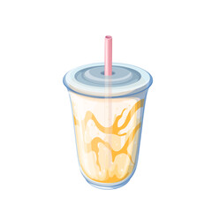 Takeaway milkshake vector illustration. Cartoon isolated mix of milk drink with sweet fruit or caramel syrup and ice, drinking straw in lid of plastic cup, summer dessert and cocktail in cafe menu