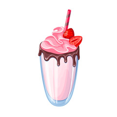 Milkshake with strawberry vector illustration. Cartoon isolated milk drink with whipped cream and strawberry, melting chocolate sauce on borders of glass and drinking straw, cold summer beverage
