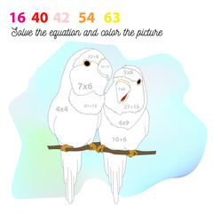 Coloring game for children with the image of parrots. Educational game for elementary grades. Solve the equation and color.