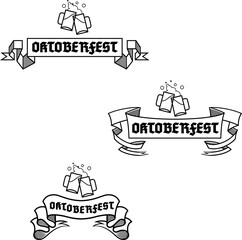 Oktoberfest - set of ribbons with two beer mugs, black and white. Background design element, banner, icon for festival, party.