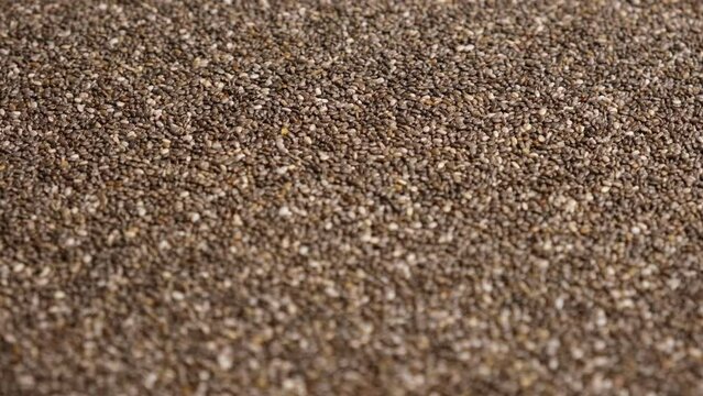 Chia Seeds Wallpaper. Raw Chia Seeds Rotating on Turntable. Close Up, Top View, Macro. Superfood. Spinning. Full Frame. Food Background. Shiny textured White, Gray and Brown Chia. Paleo Diet Concept.