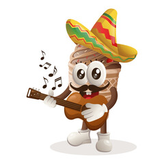 Cute ice cream mascot wearing mexican hat with playing guitar