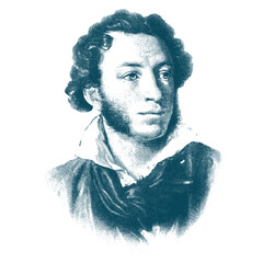 Engraving vector portrait of Russian writer Alexander Pushkin. The great poet, playwright. - obrazy, fototapety, plakaty