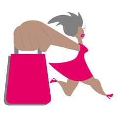 Cartoon young beautiful girl, women in beautiful dress, with bright makeup and handbag. Run for shopping. Modern vector illustration. You can add text or ads. For Sale, shopping. Hand Drawn.