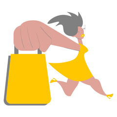 Cartoon young beautiful girl, women in beautiful dress, with bright makeup and handbag. Run for shopping. Modern vector illustration. You can add text or ads. For Sale, shopping. Hand Drawn.