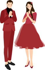 Chinese wedding couple in traditional red dress holding hands and greeting for chinese new year