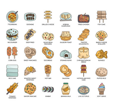 Set of Korean Street Foods thin line icons for any web and app project.