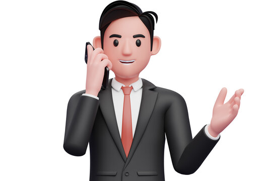close up of businessman in black formal suit talking on phone while opening hands with gesture demonstrating, 3d illustration of businessman using phone