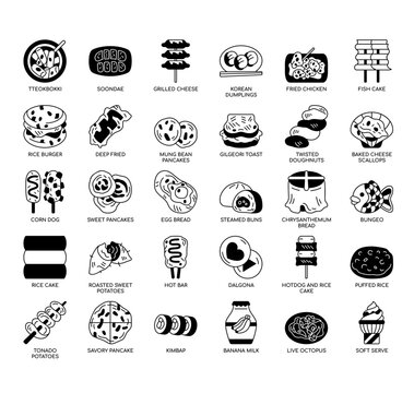 Set of Korean Street Foods thin line icons for any web and app project.