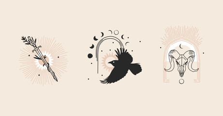 Hand drawn vector abstract stock flat graphic illustration with logo element,bohemian magic art of gold sun,woman hand silhouettes and stars in simple style for branding,isolated on color background.