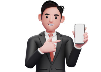 close up of businessman in black formal suit holding and pointing to phone screen, 3d illustration of businessman using phone
