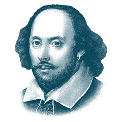 William Shakespeare (1564-1616) portrait in engraving illustration. He was English poet, playwright and actor, regarded as the greatest author in English literature and the world's greatest dramatist. - obrazy, fototapety, plakaty